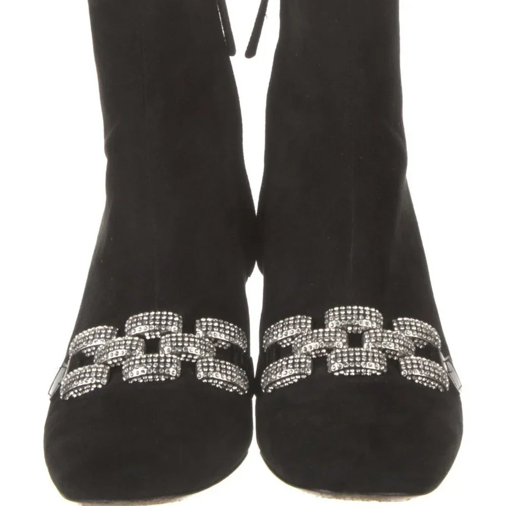 MARC JACOBS Jeweled Embellished Chain Suede Ankle Block Heel Black Booties 7 37